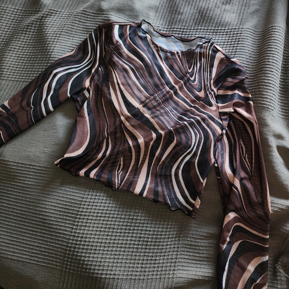 y2k Brown sheer long-sleeve crop top